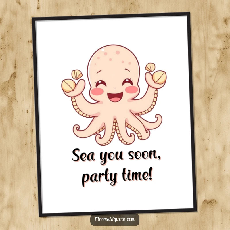 Funny Free Printable Wall Art: A beaming octopus joyfully waves a collection of small seashells, creating a playful aquatic scene.