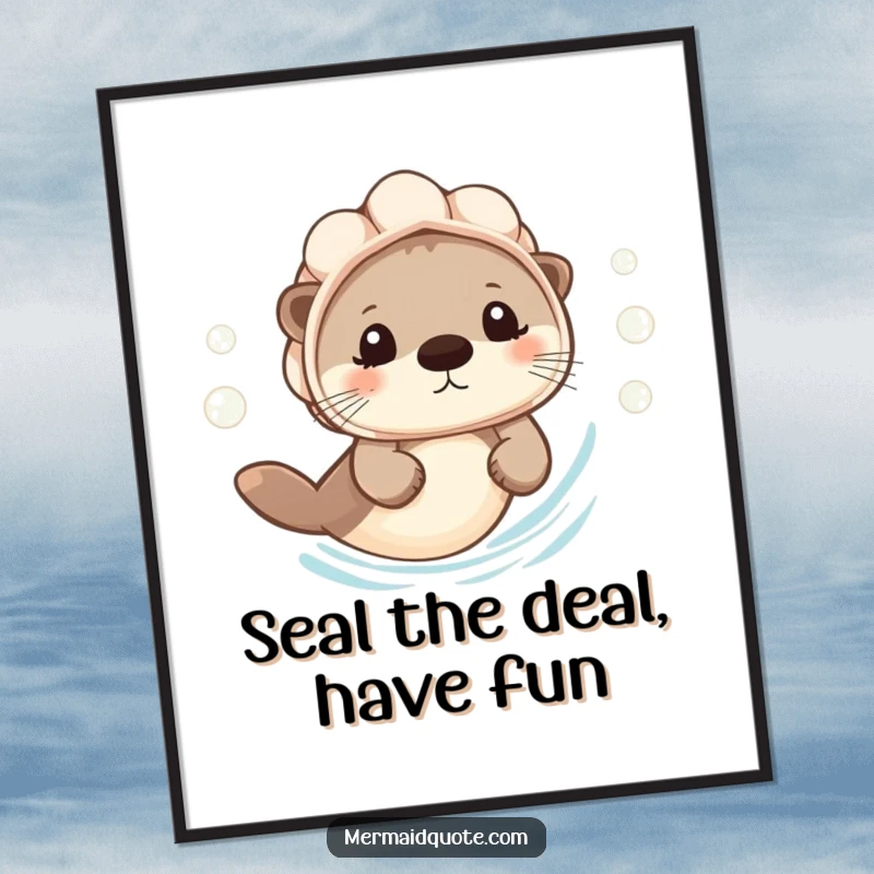 Funny Free Printable Wall Art of a tiny otter wearing a seashell helmet, swimming joyfully with bubbles.