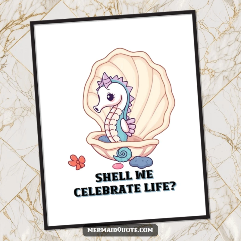 Funny Free Printable Seahorse Wall Art of a cute seahorse peeking from a clam shell, a charming undersea scene. Downloadable art.