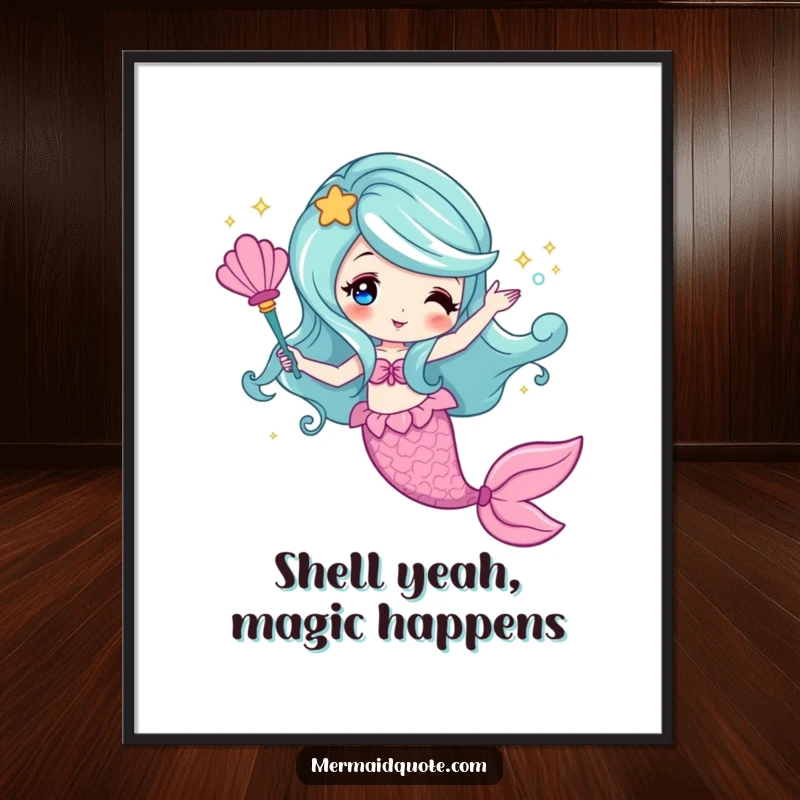 Free Printable Wall Art depicting a mermaid with a seashell wand, casting shimmering magical sparkles for a captivating, enchanting display.