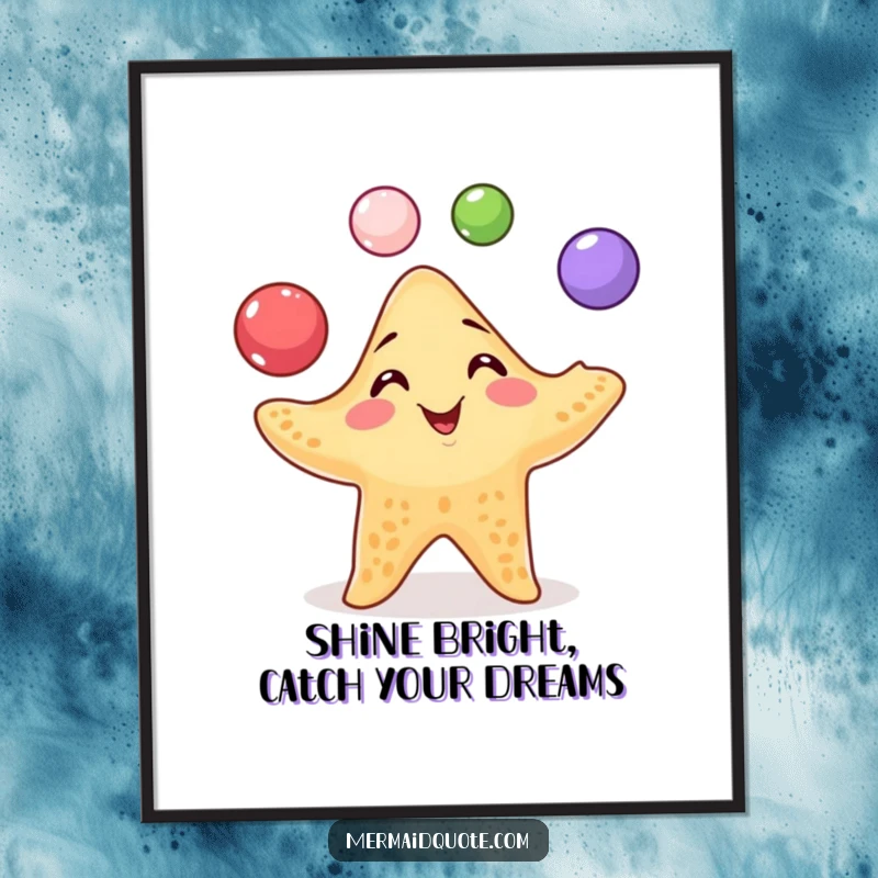 Free printable wall art: A mischievous starfish juggles three colorful pearls with a wide grin, bringing playful ocean vibes to your wall.