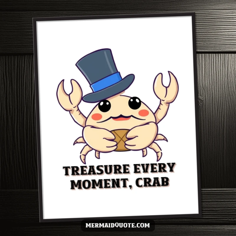 Funny Free Printable Wall Art: A curious crab wearing a top hat clutches a small, sparkling treasure, adding charm to any wall.