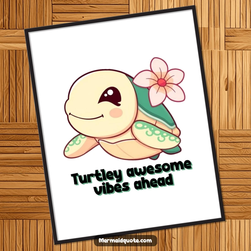 Funny Free Printable Wall Art: A winking sea turtle with a flower, swimming fast, bringing coastal charm.