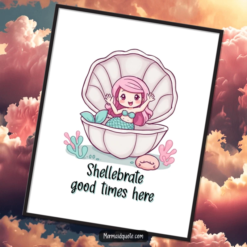 Free Printable Wall Art depicting a friendly mermaid waving from inside a giant clam, creating a whimsical and humorous undersea scene.