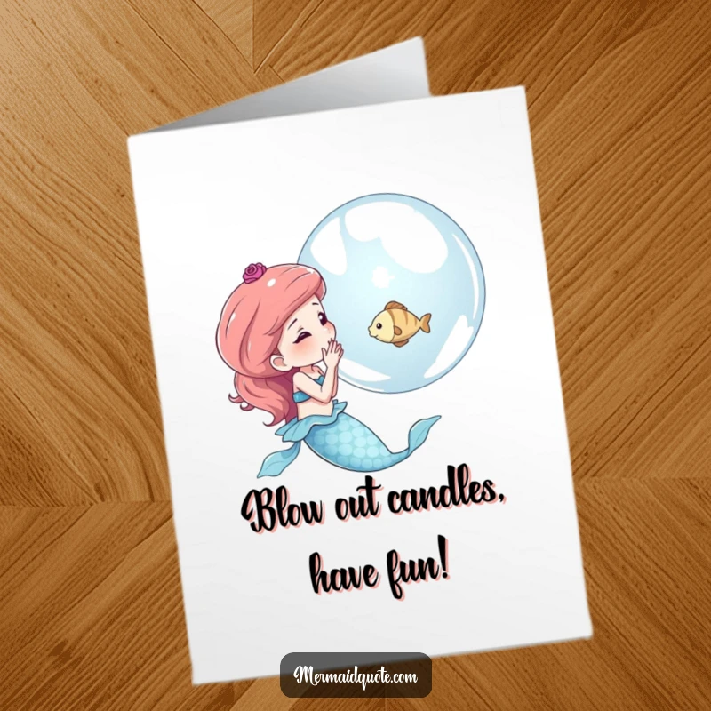 Funny free printable birthday card featuring a mermaid blowing a shimmering bubble containing a tiny fish. A whimsical and charming underwater scene.