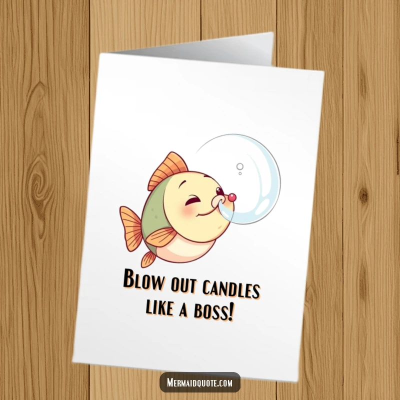 Funny Free Printable Birthday Card: A determined little fish proudly blowing a massive, triumphant bubble, full of birthday excitement.