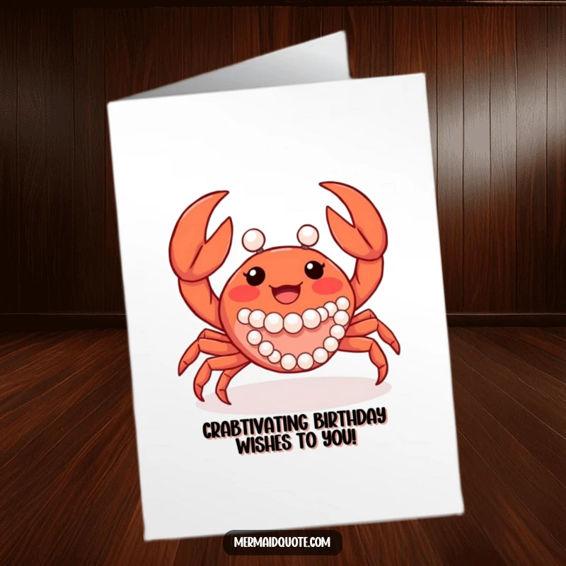 Funny Free Printable Birthday Card: A joyful crab creature waves its claws while decorated with shiny pearls.