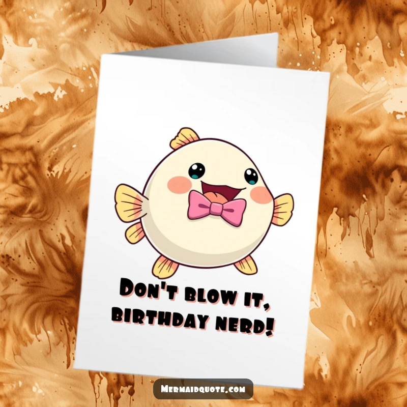 Funny Free Printable Birthday Card: A cute pufferfish wearing a bow tie is dramatically inflated with excitement for a birthday surprise.