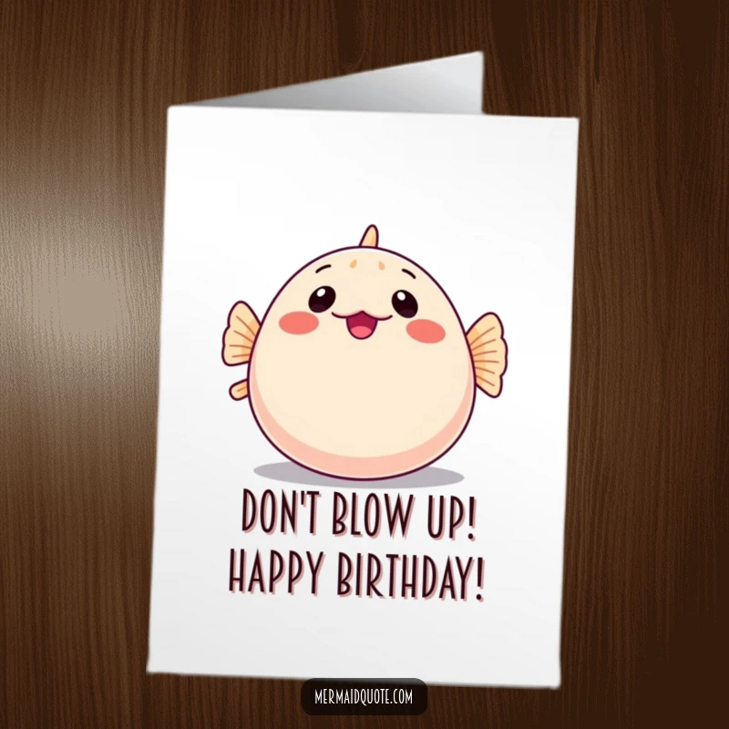 Funny Free Printable Pufferfish Birthday Card: A shy pufferfish comically inflates into a perfect round shape for a birthday wish.