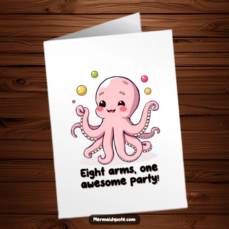 Funny Free Printable Birthday Card: Playful octopus expertly juggles vibrant pearls, ready to send birthday wishes with a smile.