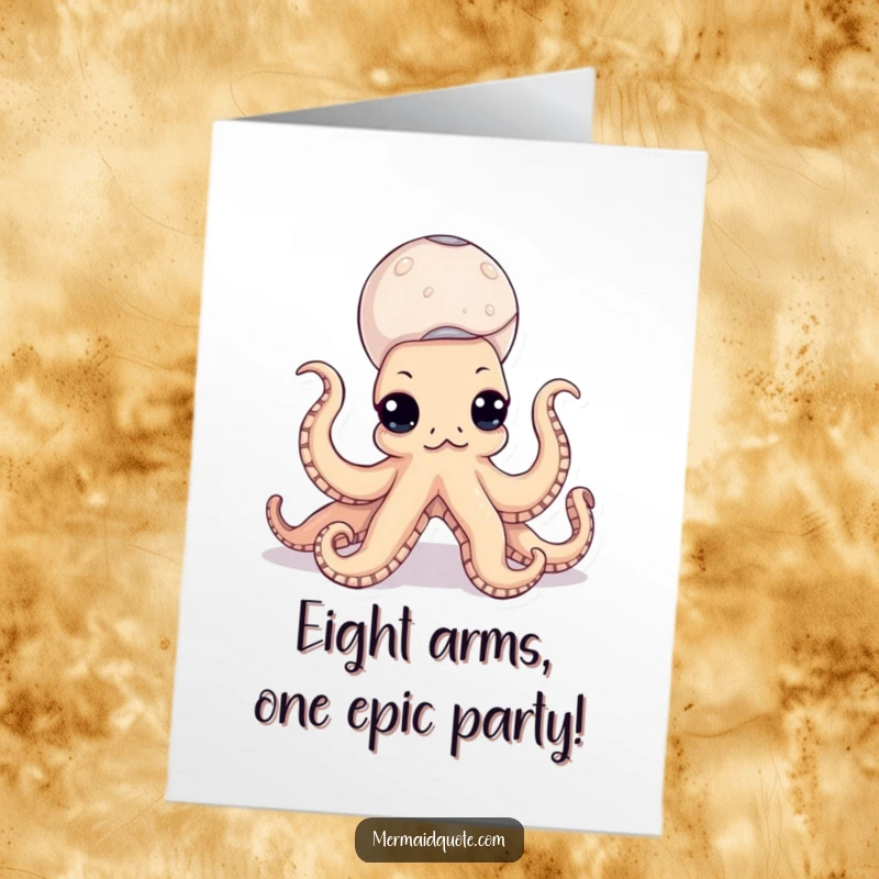 Funny Free Printable Birthday Card: Curious octopus stacking seashells with impressive tentacle dexterity, perfect for a unique greeting.