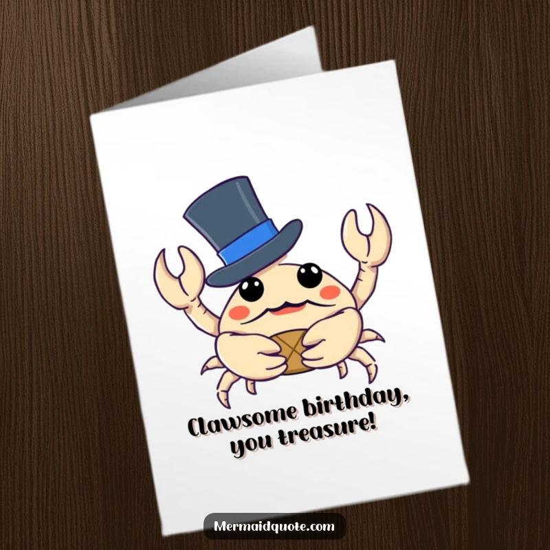 Funny Free Printable Birthday Card: A curious crab in a top hat clutches a small, sparkling treasure, ready for a birthday celebration.