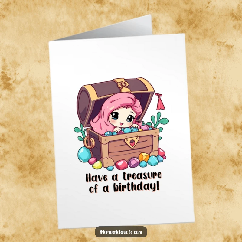 Funny Free Printable Birthday Card with a curious mermaid peeking from behind a pirate chest overflowing with sparkling gems, wishing happy birthday.