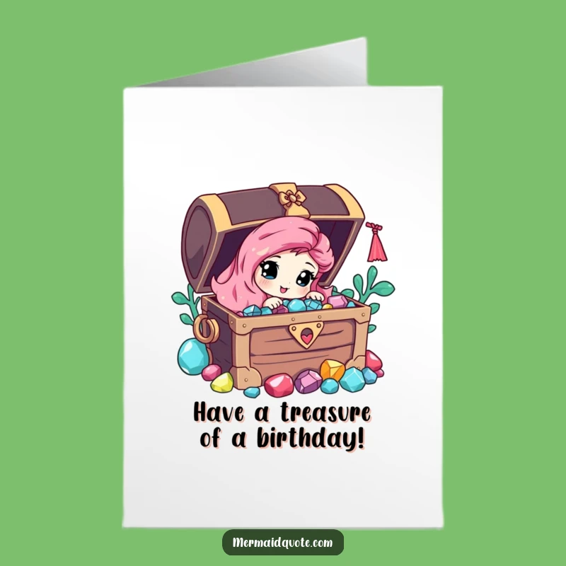 Free Printable Birthday Card: Curious Mermaid, Gem Chest, Fun Downloadable Gift