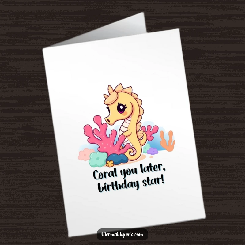 Funny Free Printable Birthday Card featuring a curious seahorse peeking from vibrant coral, ready to deliver birthday wishes.