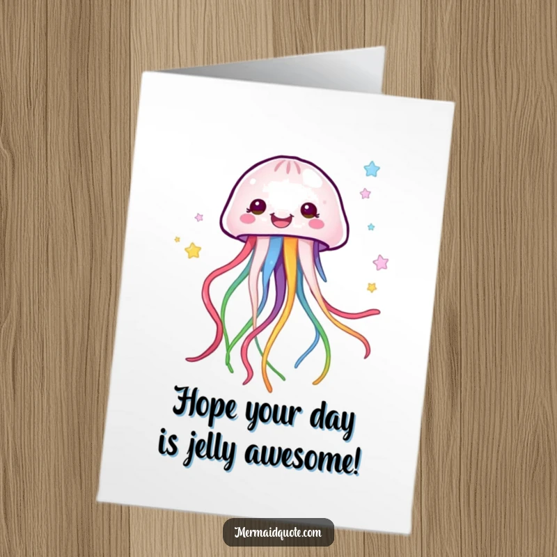 Funny Free Printable Birthday Card: A happy jellyfish creature gracefully trails vibrant, colorful ribbons underwater.
