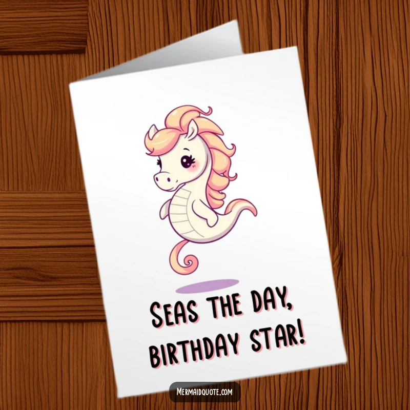 Funny Free Printable Birthday Card: A joyful seahorse with a swirling mane gallops energetically, ready to celebrate.