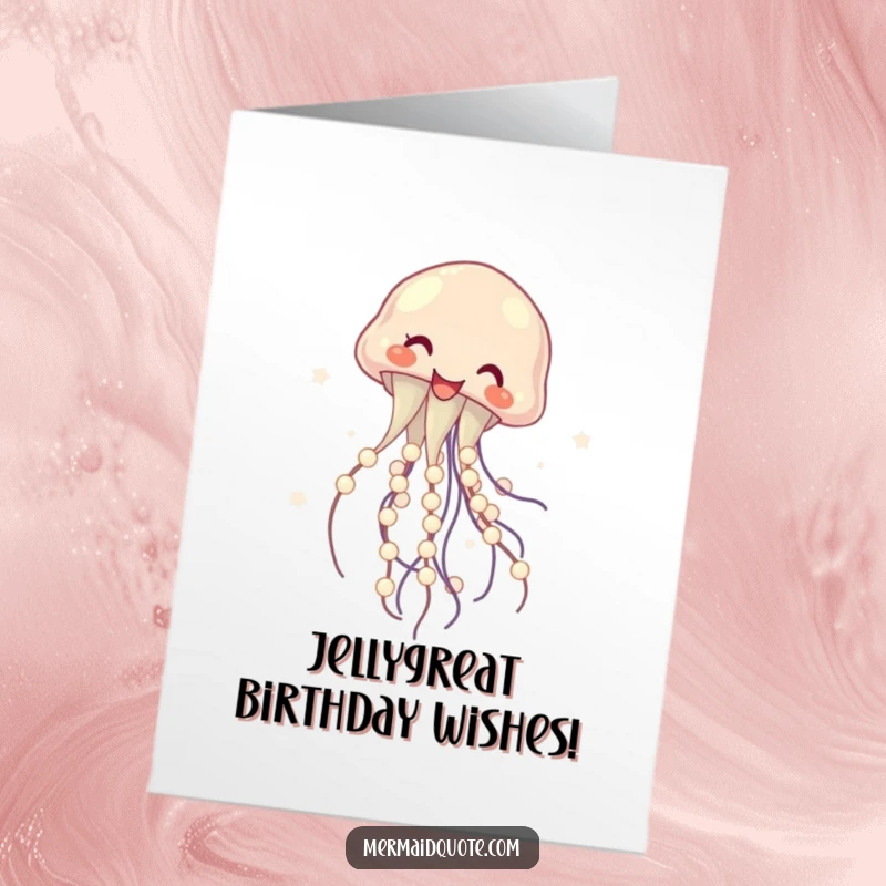 Funny Free Printable Birthday Card featuring a laughing jellyfish gleefully twirling glowing pearls, perfect for a whimsical celebration.