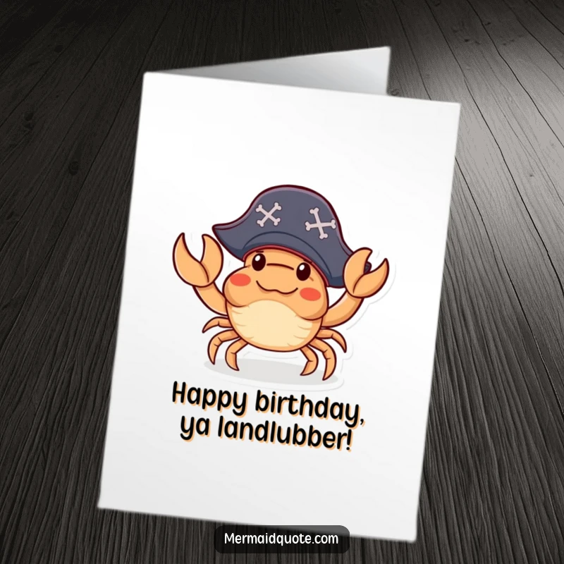 Funny Free Printable Birthday Card: A crab in a pirate hat waves a claw, ready for a swashbuckling DIY birthday.
