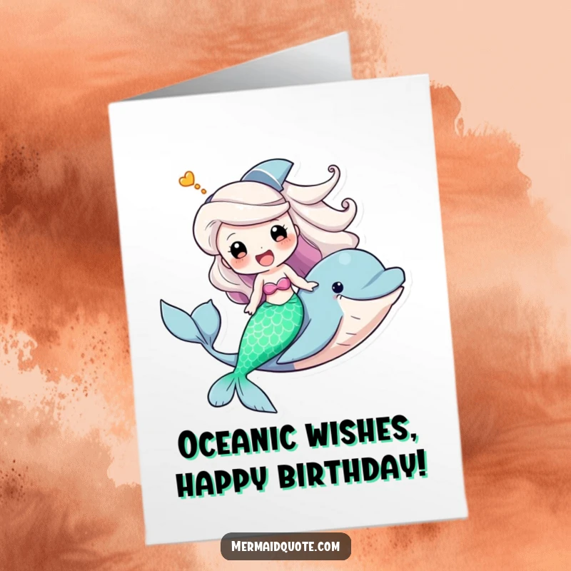 Funny free printable birthday card of a mermaid joyfully riding a dolphin, both showing off big, happy smiles. A triumphant and cheerful scene.