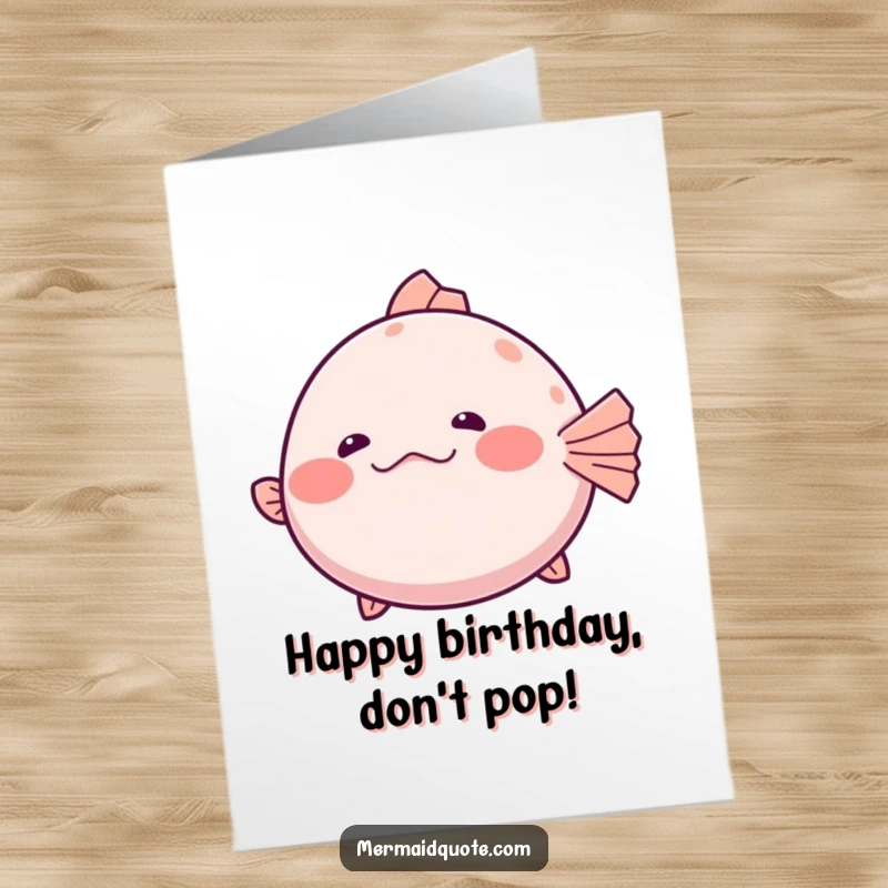 Funny Free Printable Birthday Card: A shy pufferfish inflates slightly, giggling hesitantly, a perfect DIY birthday treat.
