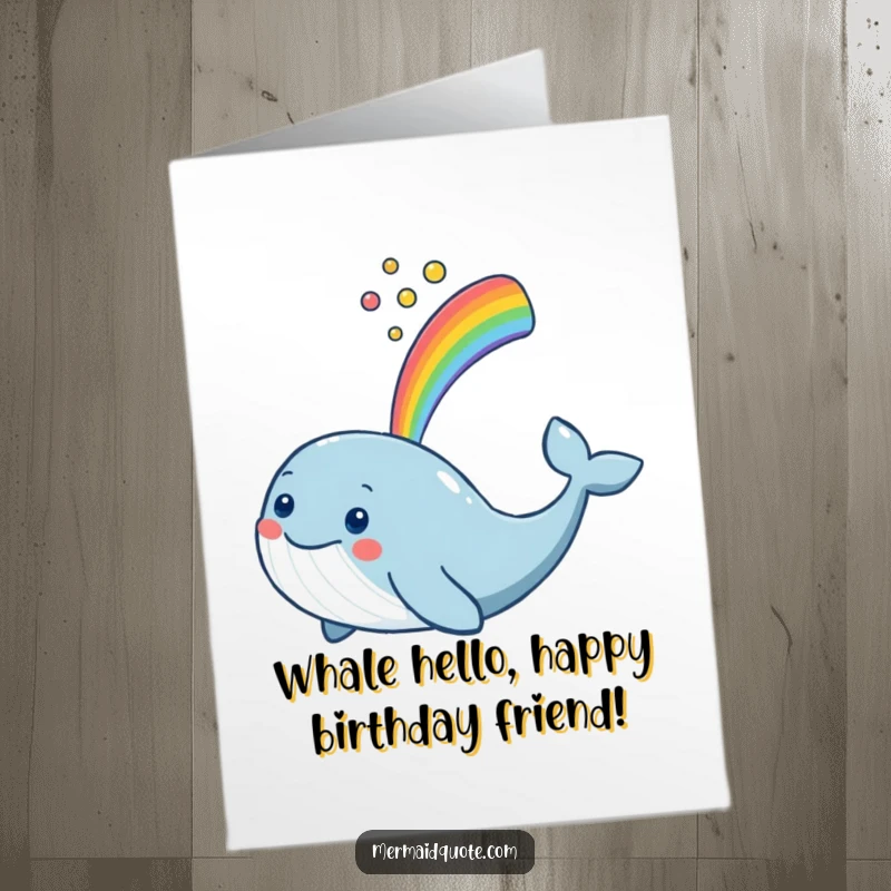 Funny Free Printable Birthday Card: A smiling whale spouts a vibrant rainbow high into the air, celebrating a birthday.