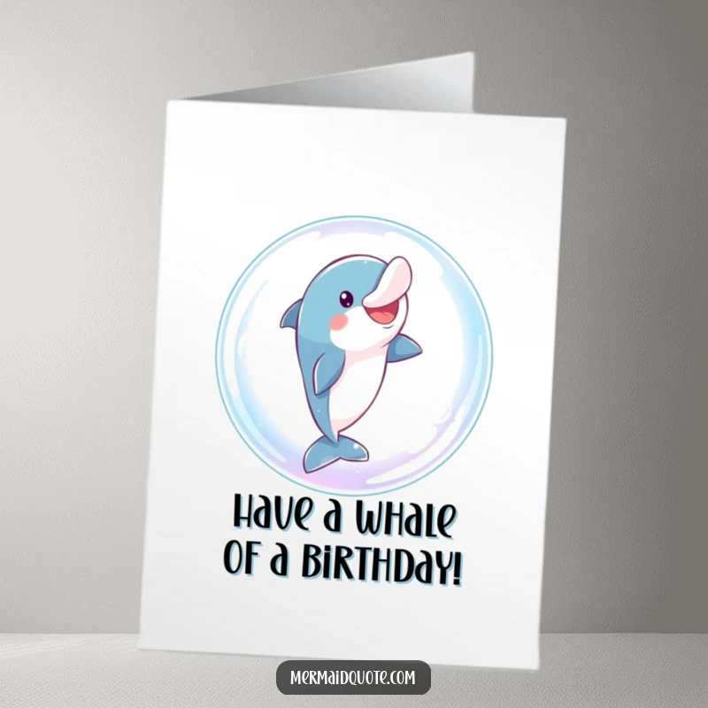 Funny Free Printable Birthday Card: Playful dolphin comically leaping through a massive, sparkling bubble with gusto.