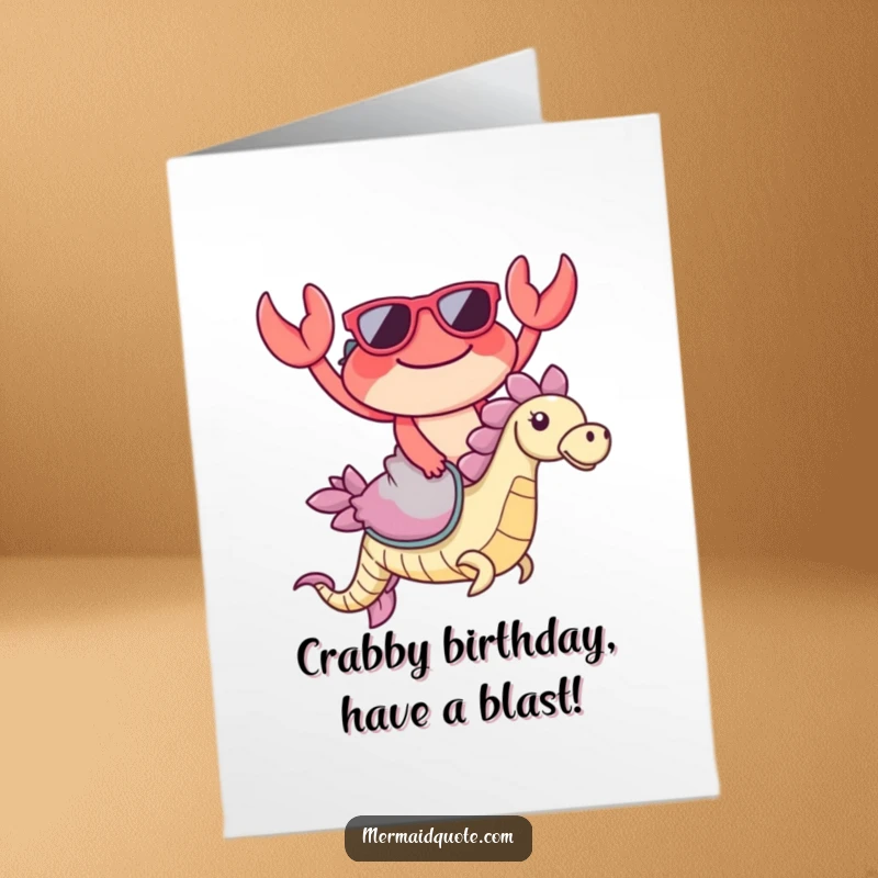 Funny free printable birthday card: A cool crab in sunglasses joyfully rides a seahorse, spreading laughter and instant cheer at home.