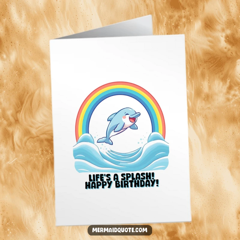 Funny Free Printable Dolphin Birthday Card: A joyful dolphin leaps through a rainbow, spreading laughter and birthday cheer.