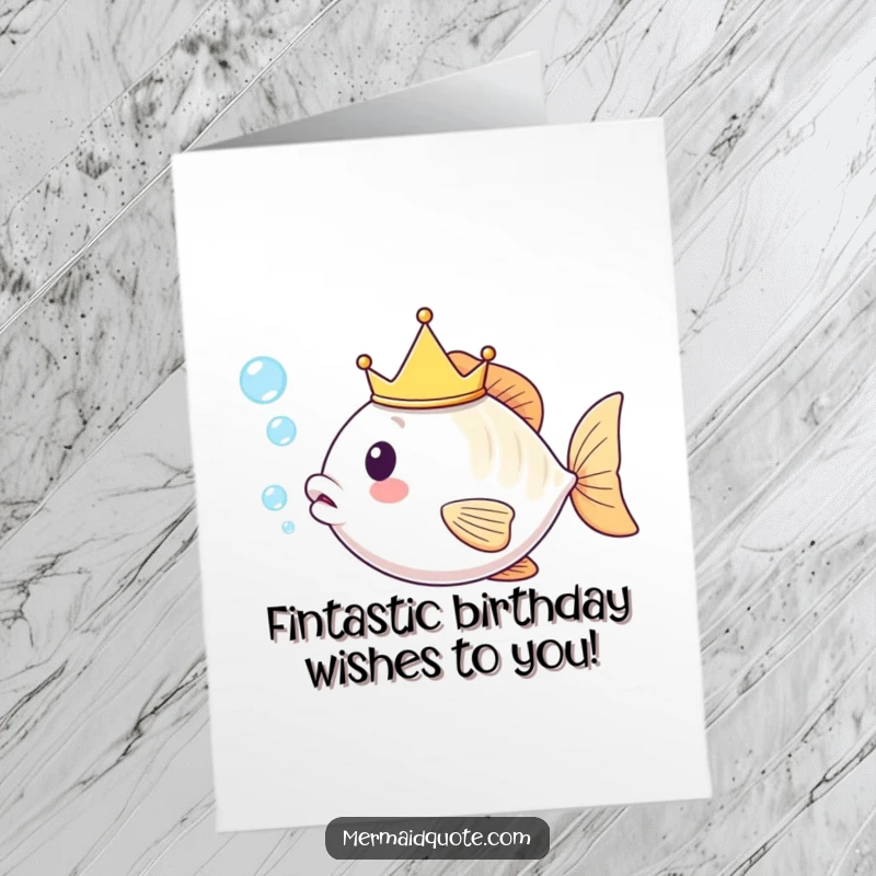 Funny Free Printable Birthday Card: Kawaii fish with a tiny crown blowing bubbles, spreading joy.