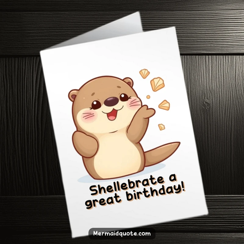 Funny Free Printable Birthday Card: Cute sea otter joyfully juggling shiny seashells with a wide, happy grin.
