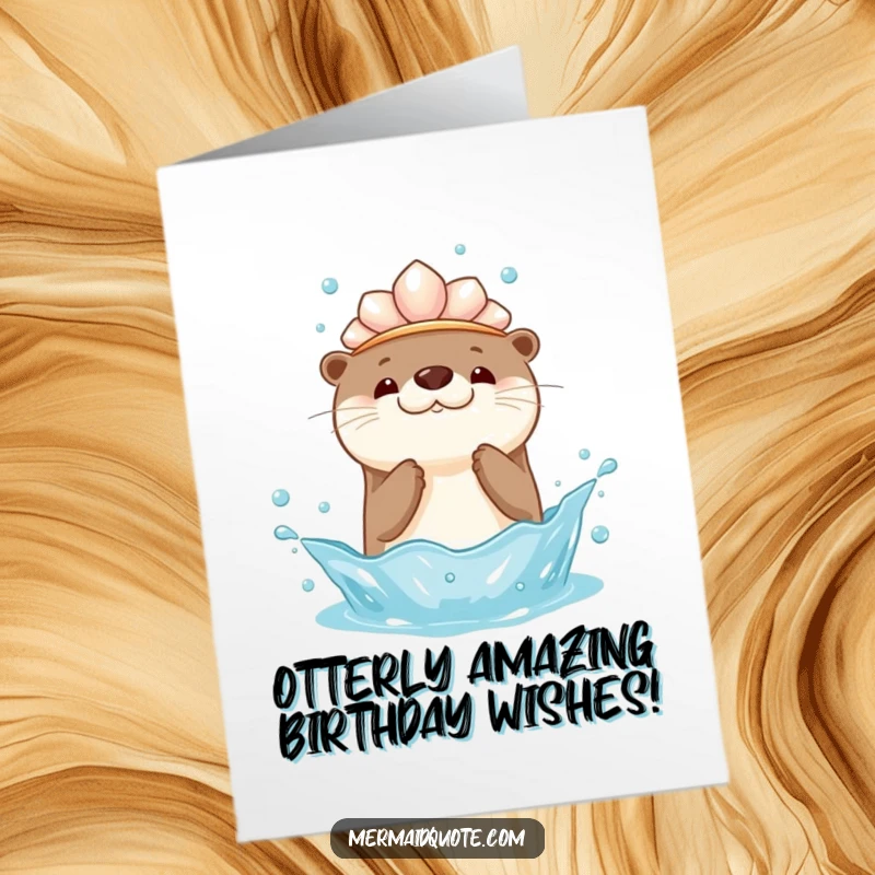 Funny Free Printable Birthday Card: Kawaii otter in seashell crown playfully splashes water upwards, celebrating with aquatic joy.