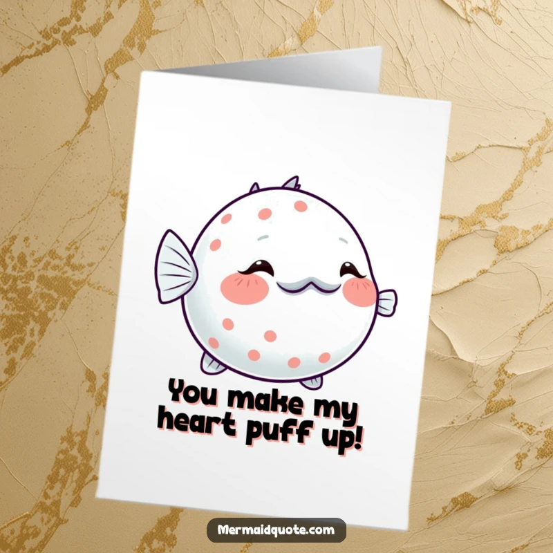 Free printable birthday card: A shy pufferfish blushes with a sparkling glow, inflating slightly for a cute birthday surprise.
