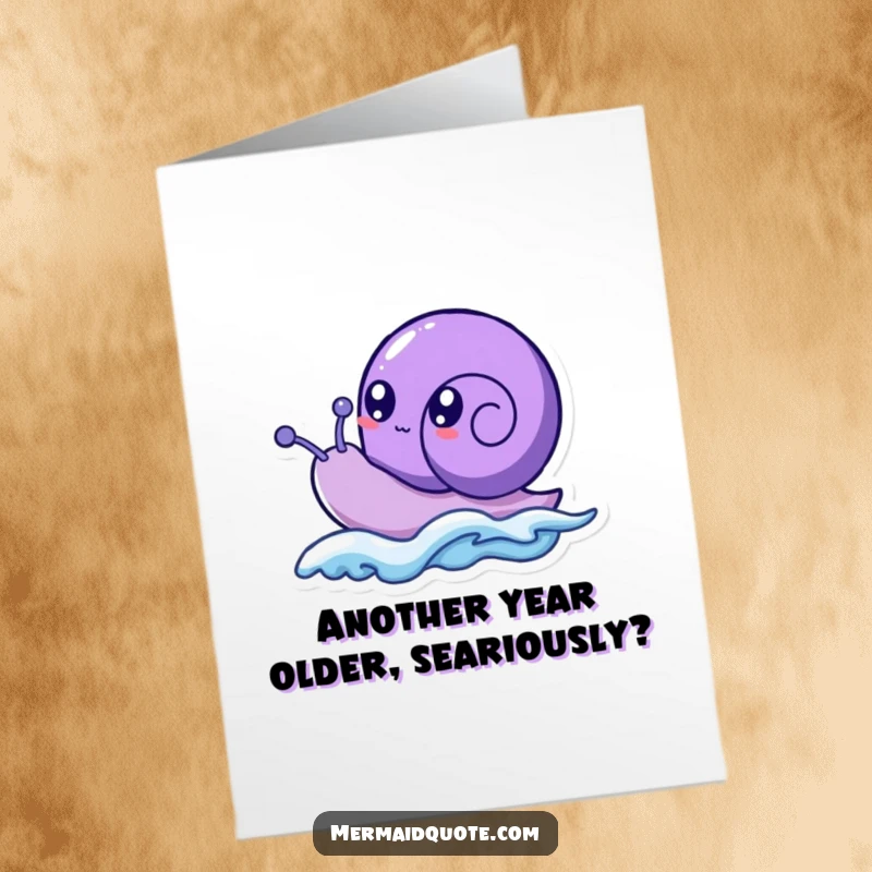 Funny Free Printable Birthday Card: Purple sea snail with bubbly eyes joyfully surfs a tiny wave.