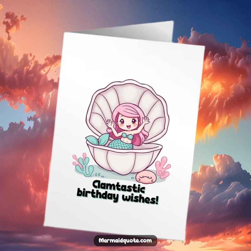 Funny Free Printable Birthday Card featuring a mermaid inside a giant clam, giving a friendly wave with a cheerful expression.