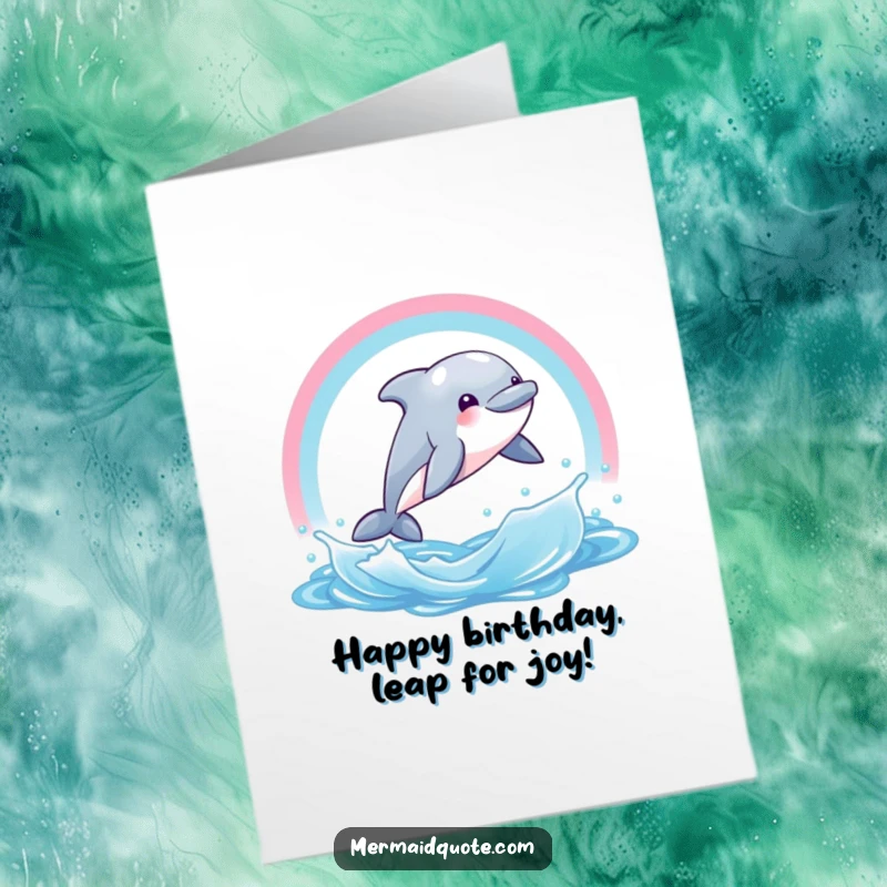 Funny Free Printable Birthday Card: Giggling dolphin mid-leap through a vibrant rainbow water arc, celebrating a birthday with glee.