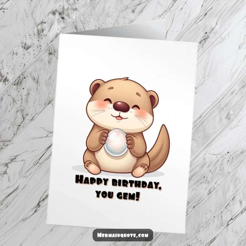 Funny Free Printable Birthday Card: Curious otter holding a shimmering pearl with a look of pure delight, celebrating a special day.