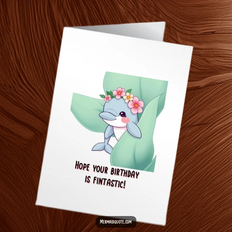 Free printable birthday card: A curious dolphin with a flower crown playfully peeks from kelp, offering whimsical birthday wishes at home.