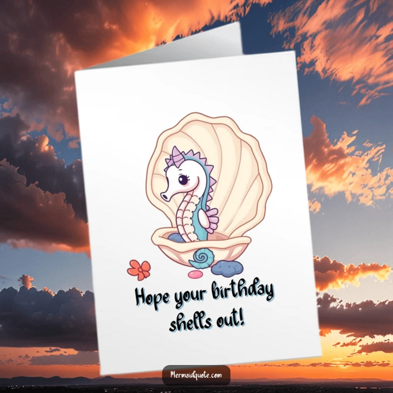 Funny Free Printable Birthday Card with a cute seahorse peeking from behind a clam, a whimsical undersea wish. Downloadable art.
