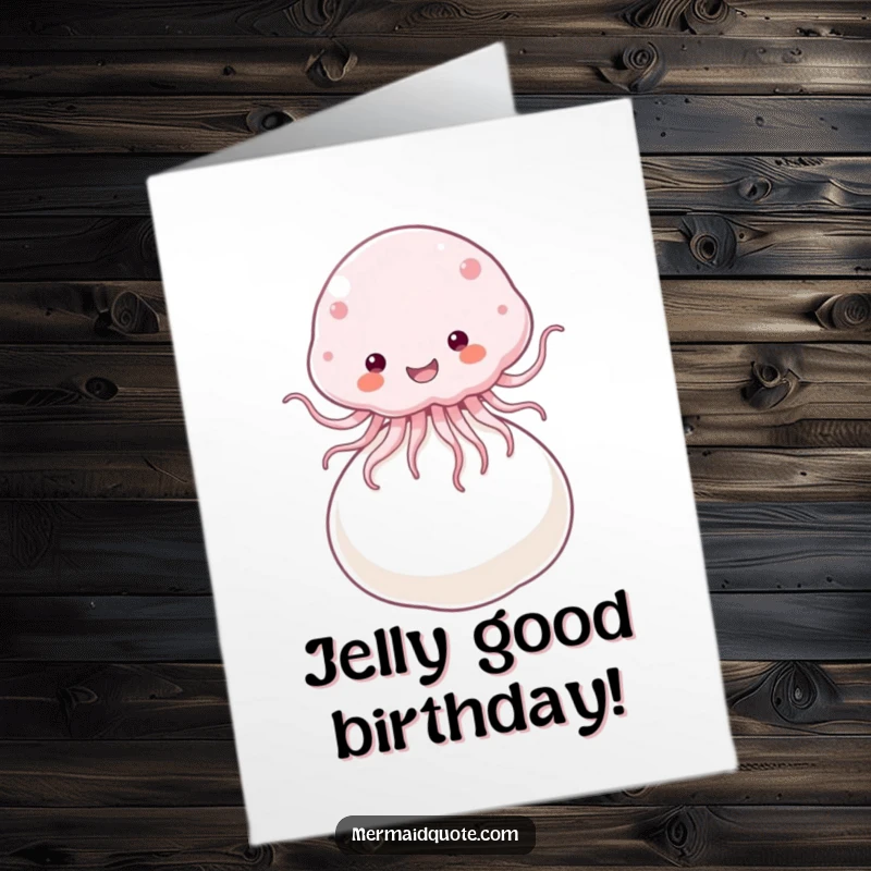 Funny Free Printable birthday card showing a fluffy jellyfish joyfully bouncing on a giant pearl, celebrating.