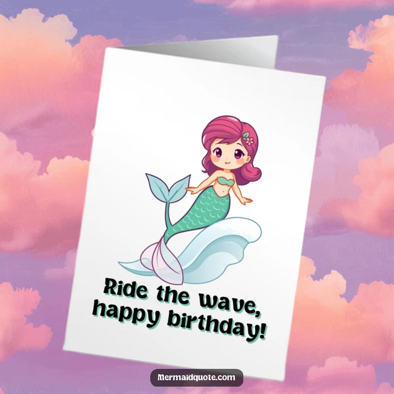 Free Printable Birthday Card showing a mermaid with a swishing tail, joyfully riding a gentle wave, celebrating a special day.