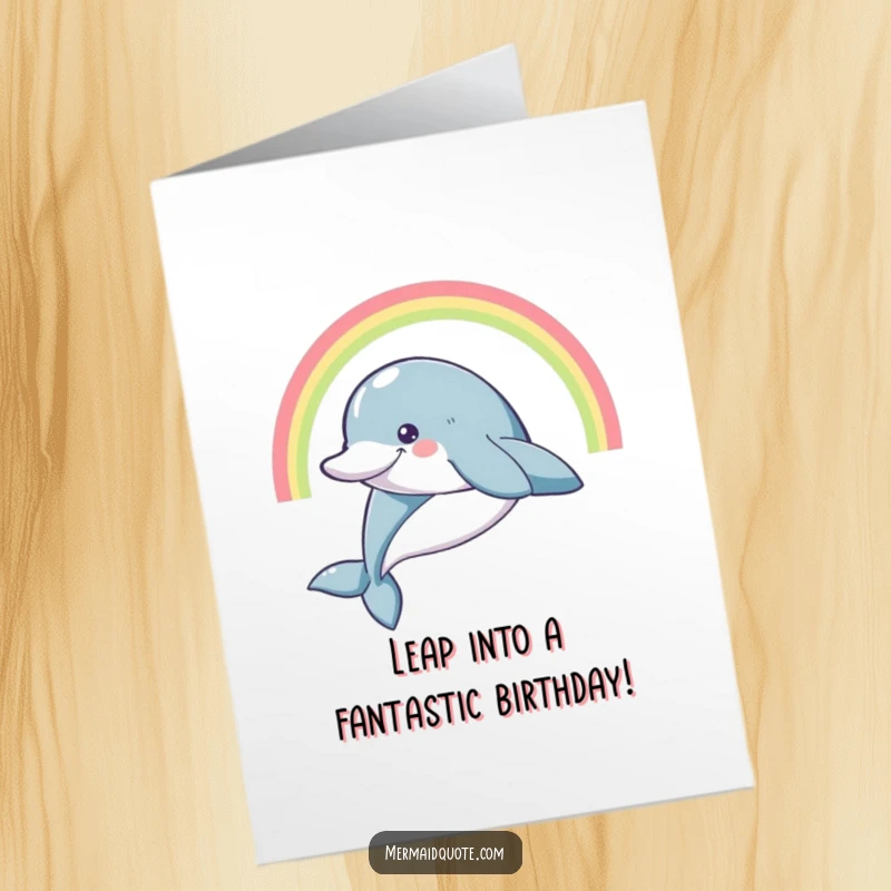 Funny Free Printable Birthday Card: Smiling dolphin leaping high with a rainbow arc, celebrating joyfully.