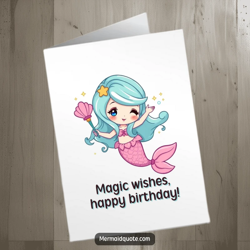 Free Printable Birthday Card featuring a joyful mermaid waving a seashell wand, conjuring shimmering, magical sparkles for a celebration.