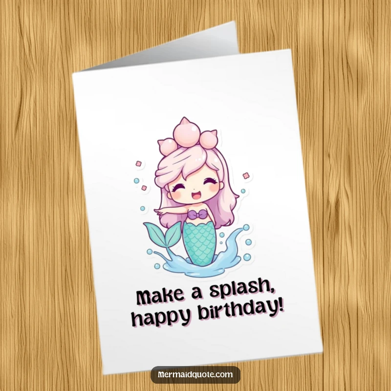 Funny Free Printable Birthday Card: A friendly mermaid wearing a seashell crown playfully splashes water with a joyful expression.