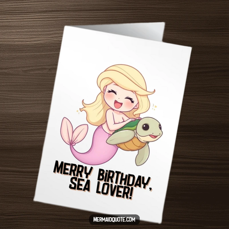Funny Free Printable Birthday Card: A joyful mermaid laughs heartily while tickling a shy sea turtle.