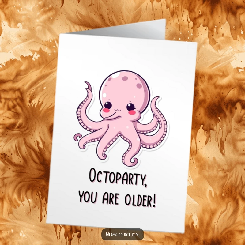 Funny free printable birthday card featuring a kawaii octopus hilariously tickling itself with its own tentacles, pure joy.