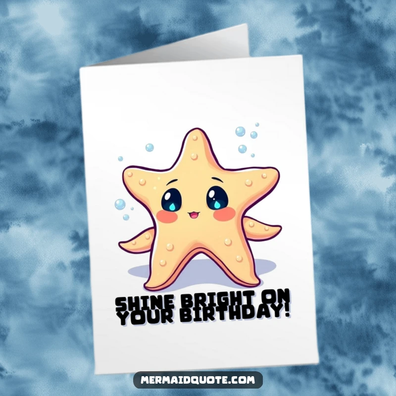 Funny Free Printable Birthday Card: A starfish with sparkling eyes juggles glowing pearls for a dazzling birthday wish.