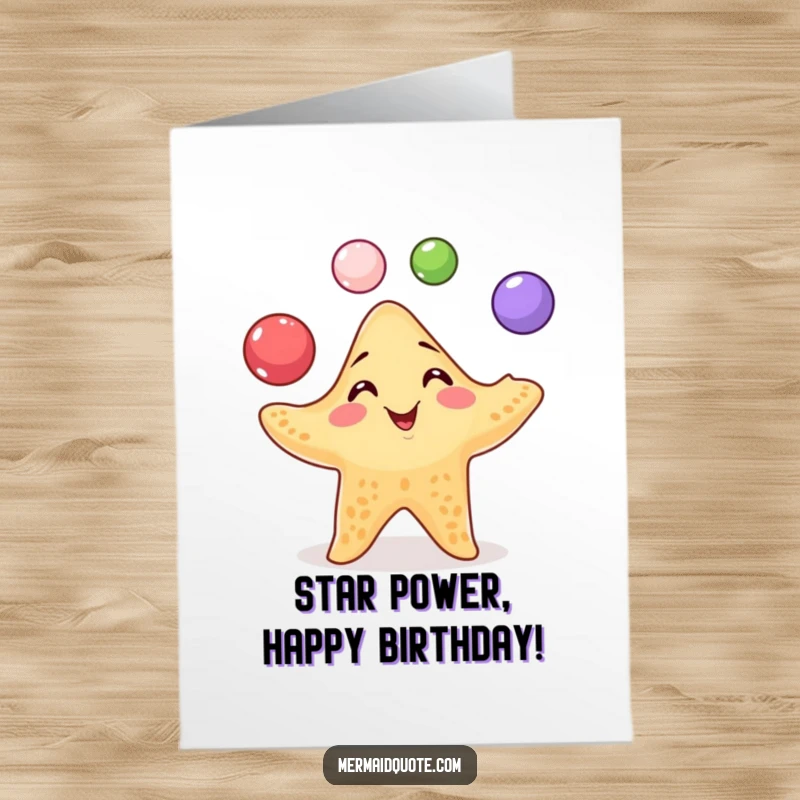 Free printable birthday card: A mischievous starfish juggles colorful pearls with a wide grin, celebrating a very special birthday.