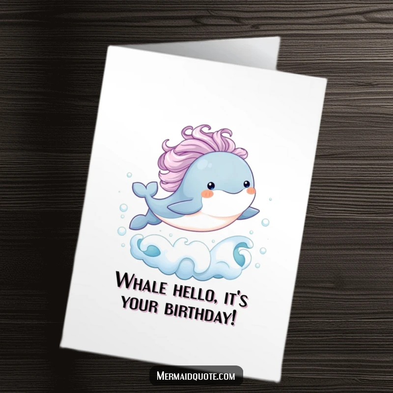 Funny Free Printable Birthday Card: Baby whale with mane leaps joyfully from bubbly waves, embodying birthday excitement.