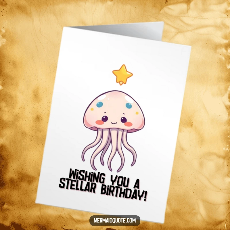 Funny Free Printable Birthday Card: Curious jellyfish with glowing tentacles gently reaching for a twinkling star.